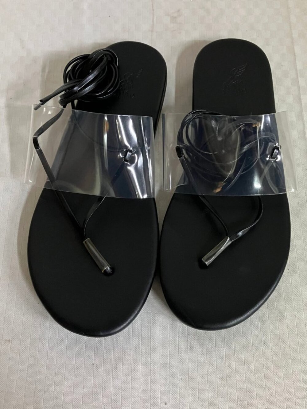 Ancient Greek Sandals Women's Size 39 Black Clear PVC Lace-Up Thong Ankle Tie